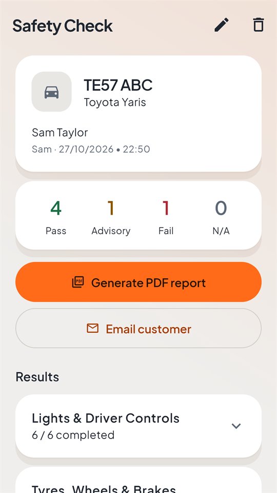 Completed Safety Check in GarageCheck for an example vehicle: 4 pass, 1 advisory, 1 fail, with buttons to generate a PDF report and email the customer.