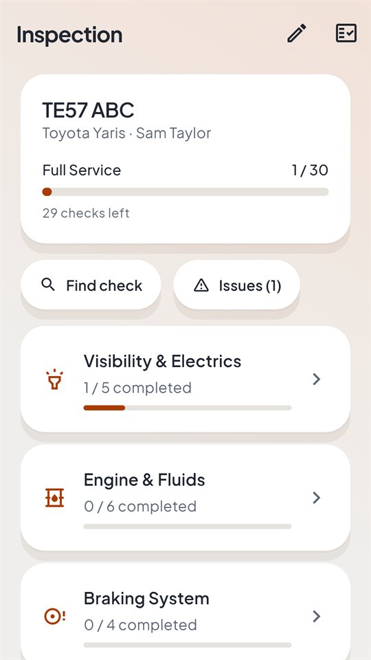 Full Service in progress, showing checks left and progress for each section such as Engine and Fluids.